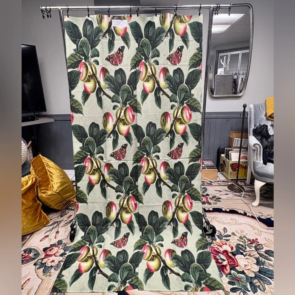 Botanical Fruit Print Curtains with Green Leaves and Pink Accents